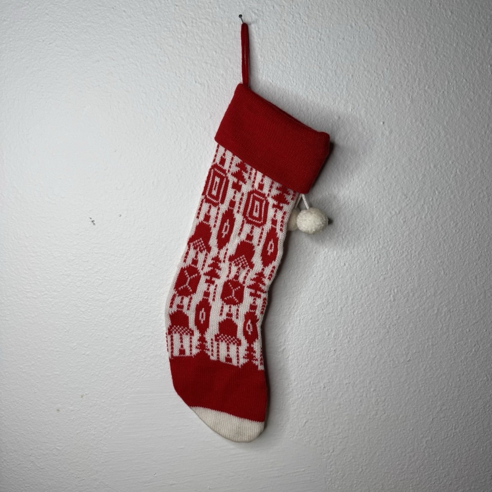 Vintage Knit Christmas Stocking Red‎ White Ornament All Over Pattern Classic